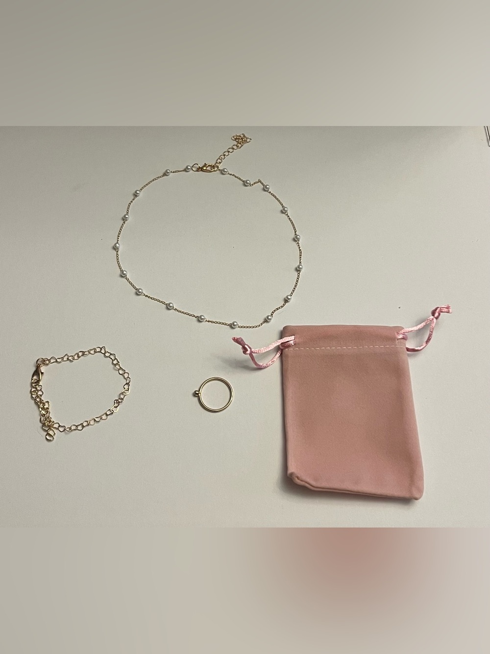 Delicate Gold & Silver Layered Necklace Set with Pink Velvet Pouch and Ring.